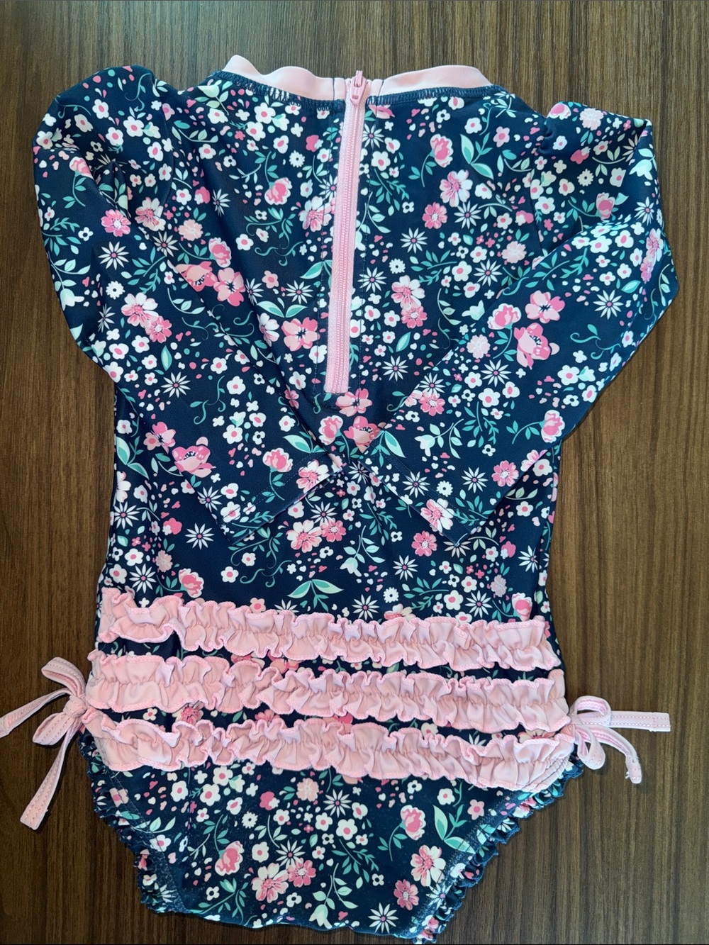 Ruffle Butts Navy Floral Long-Sleeve One-Piece Swimsuit with Pink Ruffles